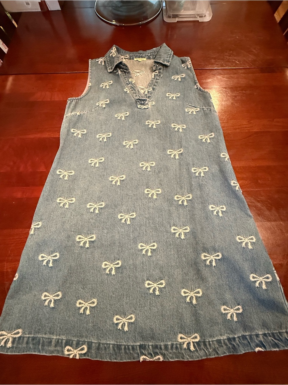 JODIFL Blue Denim Mini Dress with White Bow Embroidery